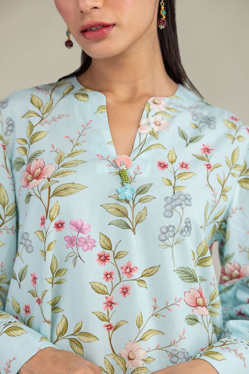 Printed | Cotton Viscose | Blue V-Neck Kurta | USD 35.00