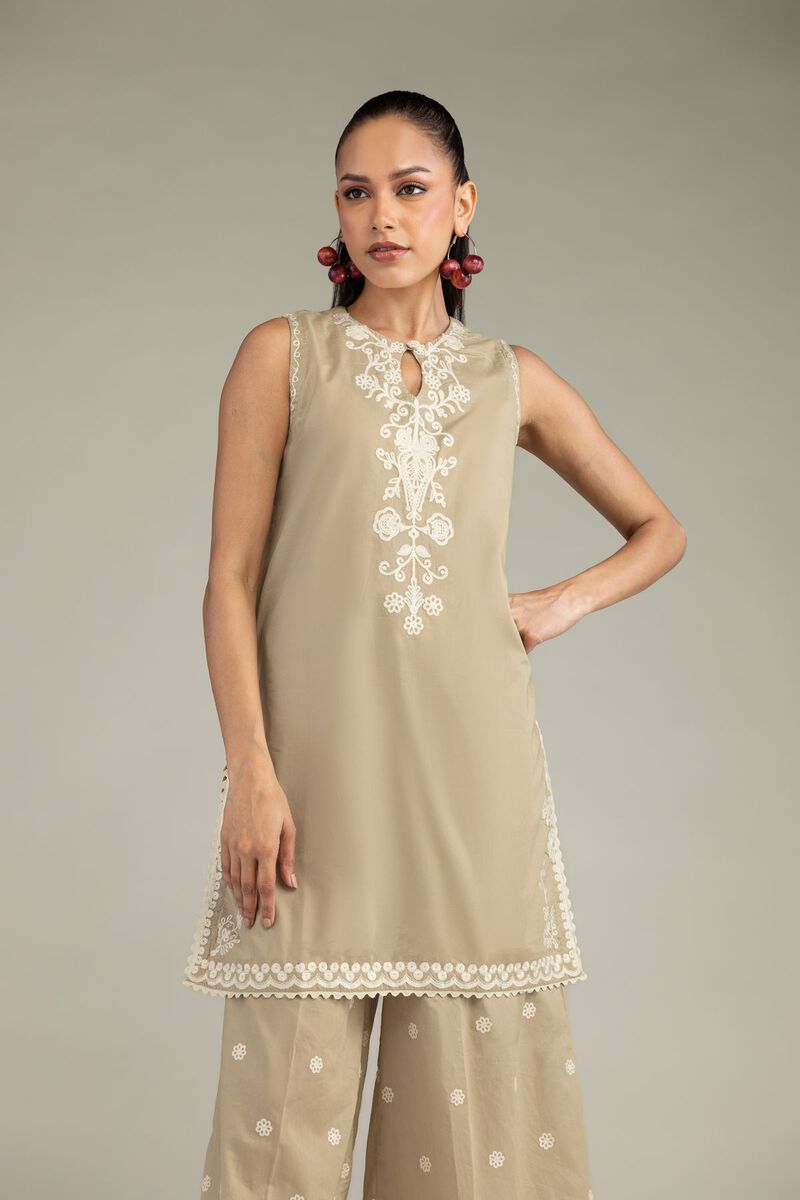 Embroidered | Cambric | Beige Sleeveless Kurta | USD 45.00