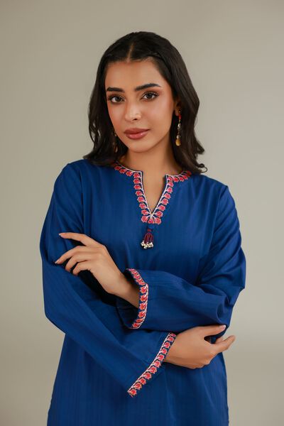 Embroidered | Cotton Dobby | Solid Blue Kurta | USD 35.00