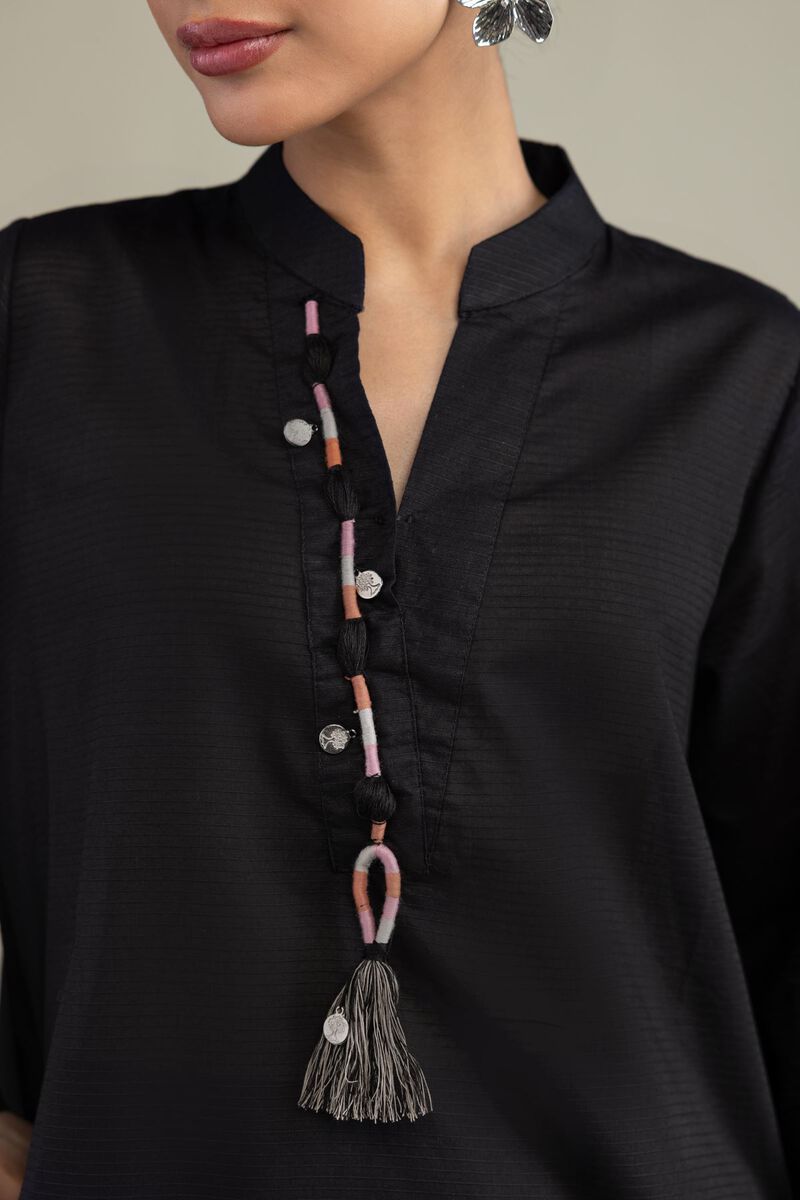 Dyed | Textured Cotton | V-Neck Black Kurta | USD 35.00