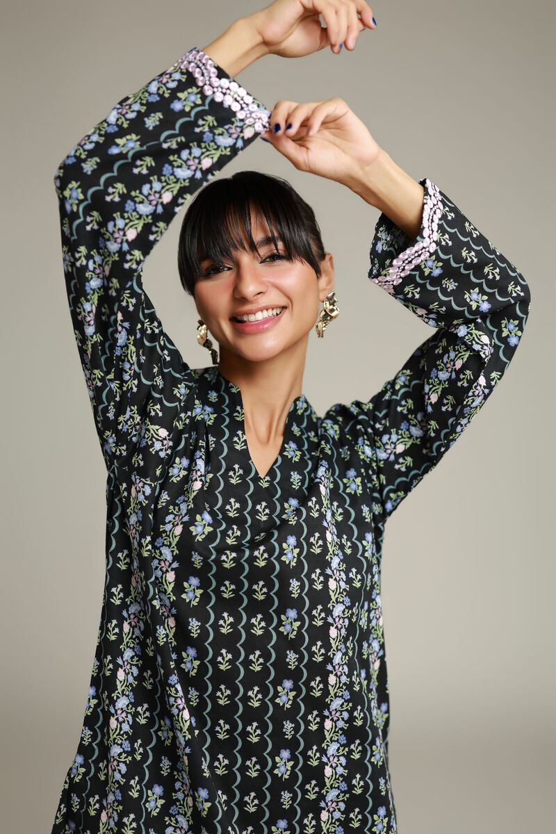 Embroidered | Cotton Dobby | Black Floral Kurta | USD 30.00