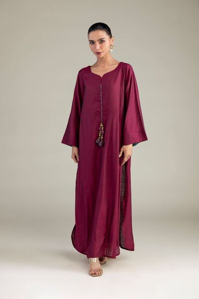 Dyed | Textured Raw Silk | Maroon Longline Kurta | USD 40.00