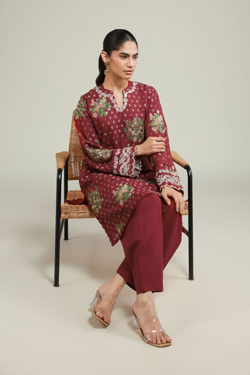 Embroidered | Jacquard | Maroon Tailored Suit | USD 70.00