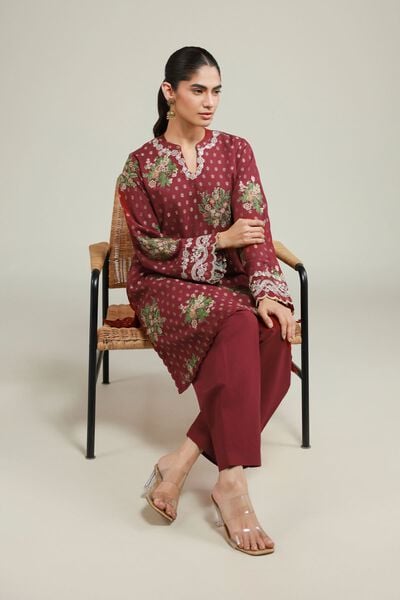 Embroidered | Jacquard | Maroon Tailored Suit | USD 70.00