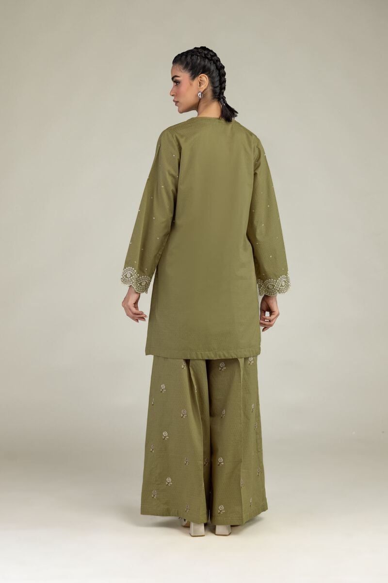 Embroidered | Cotton Dobby | Olive V-Neck Kurta | USD 45.00