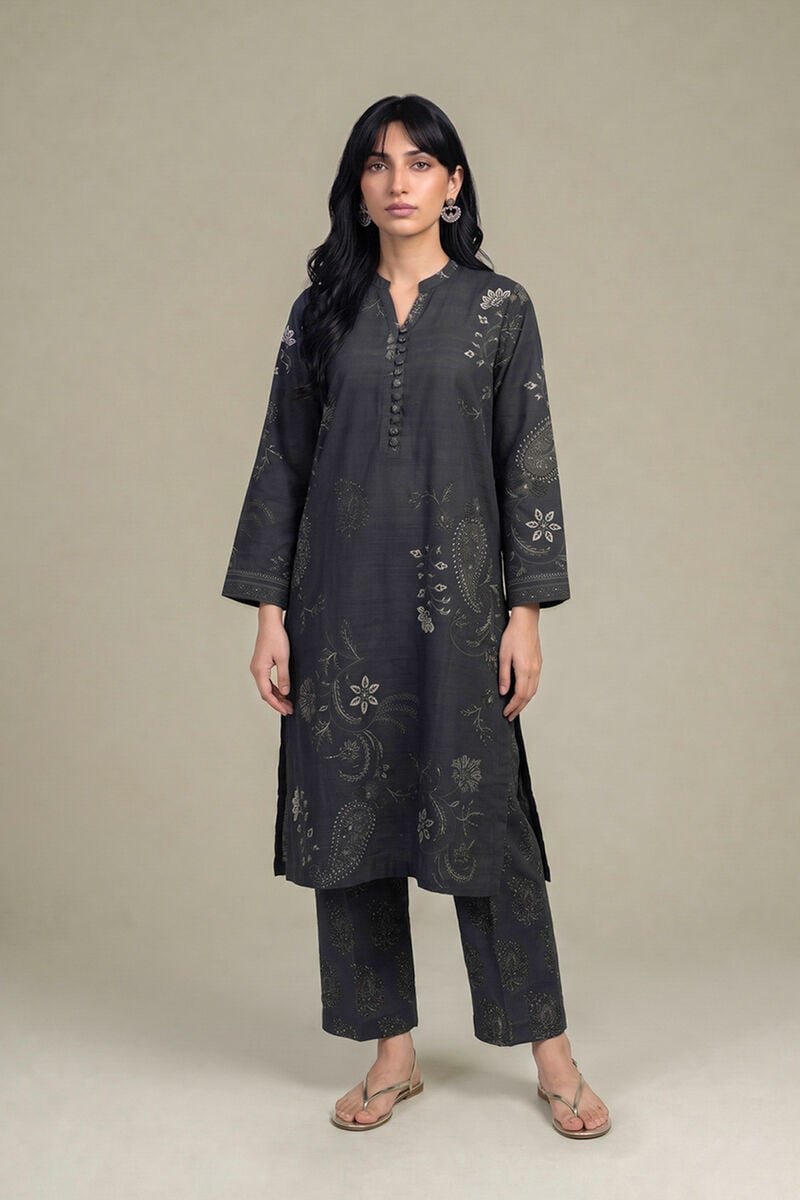 Printed | Light Khaddar | Black V-Neck Kurta | USD 40.00