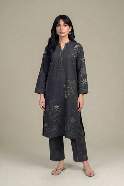 Printed | Light Khaddar | Black V-Neck Kurta | USD 40.00