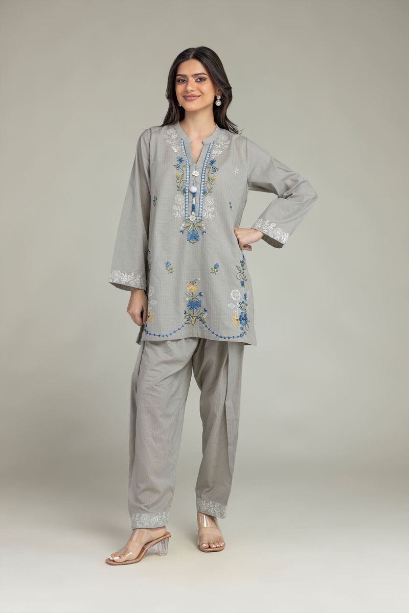 Embroidered | Cotton Dobby | Gray Cotton Kurta | USD 40.00