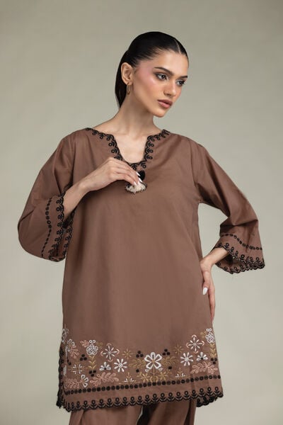 Embroidered | Cambric | Short Brown Kurta | USD 45.00