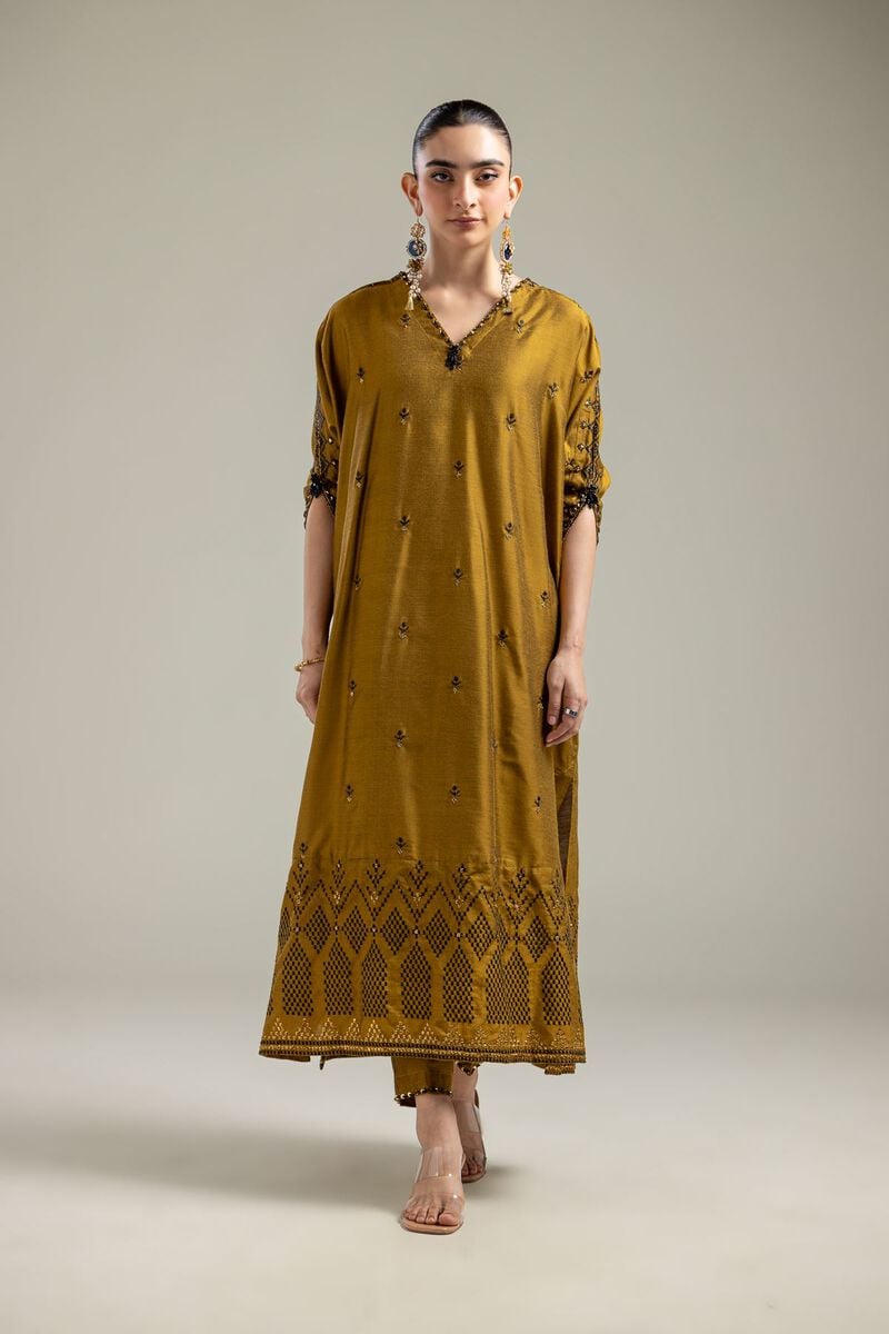 Raw Silk | Mustard Longline Kurta | USD 60.00