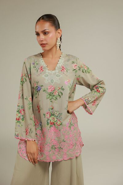 Embroidered | Raw Silk | Floral V-Neck Kurta | USD 55.00