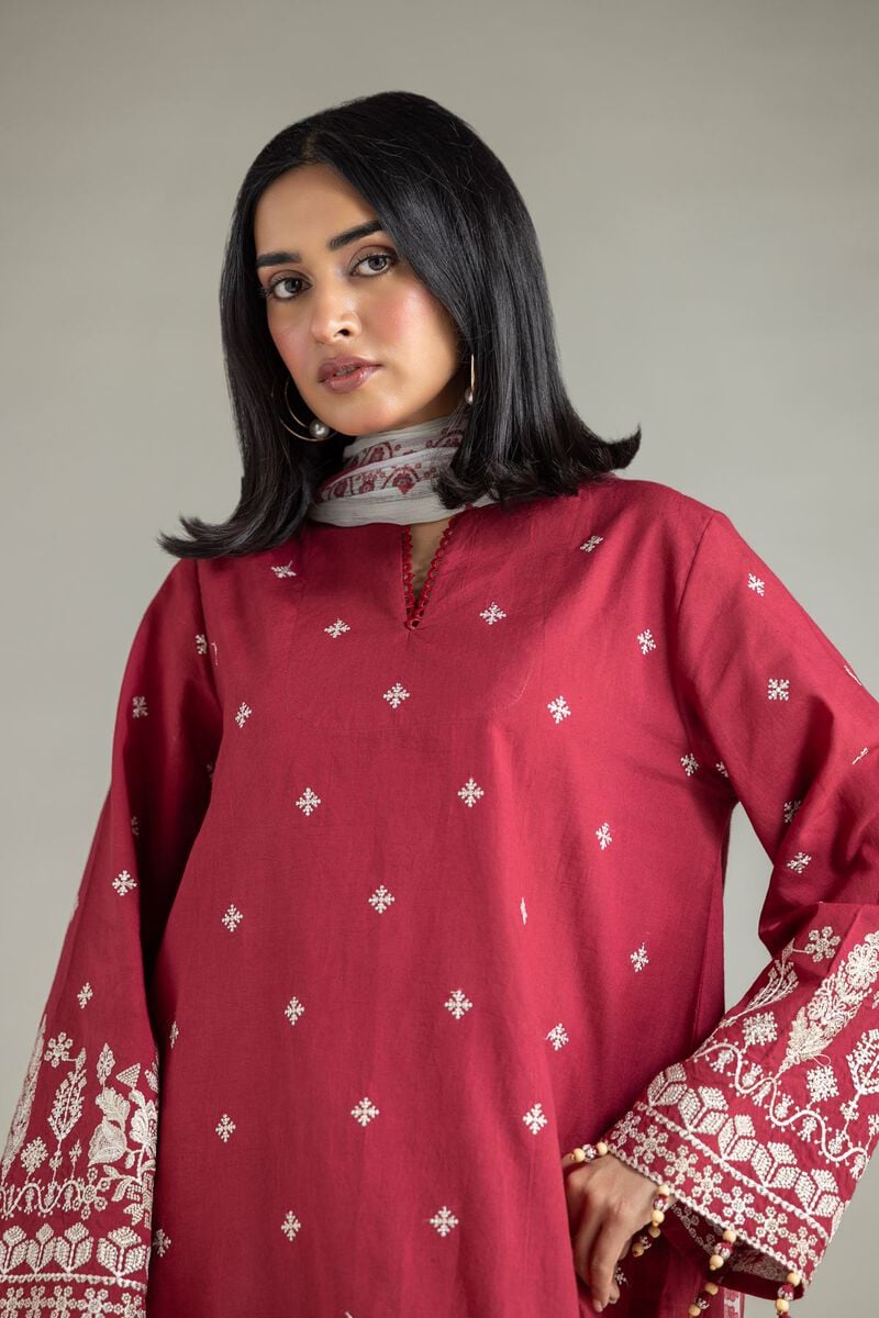 Embroidered | Cambric | Red Tailored Set | USD 70.00