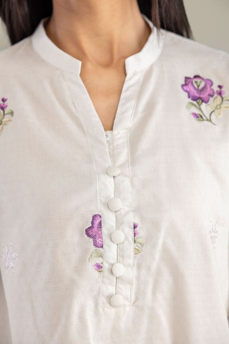 Embroidered | Cotton Dobby | Floral V-Neck Kurta | USD 45.00