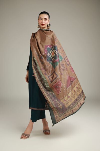 Embroidered | Polyester Silk | Brown Draped Dupatta | USD 30.00