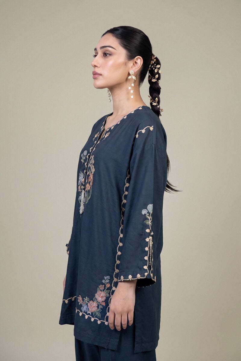 Embroidered | Raw Silk | Floral Navy Kurta | USD 45.00