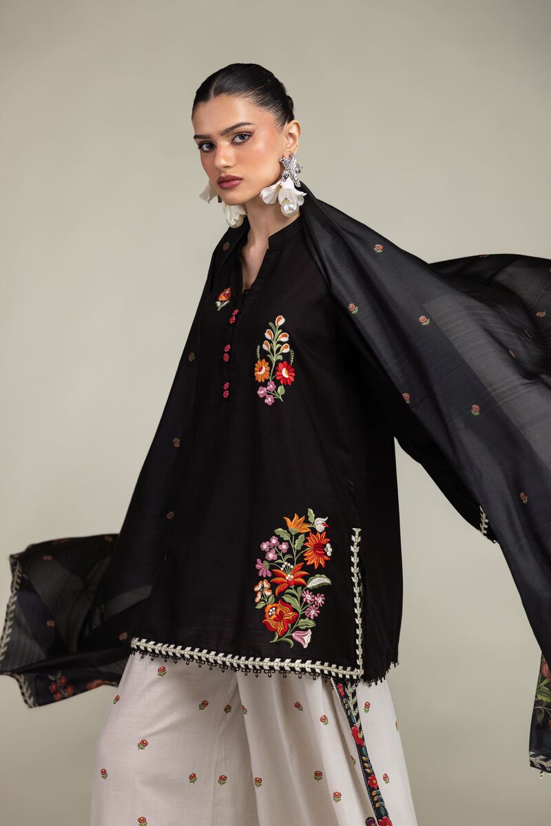 Embroidered | Polyester Silk | Black Floral Dupatta | USD 30.00
