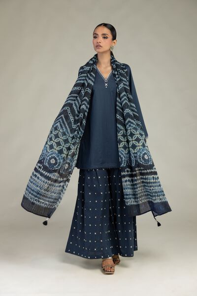Textured Cotton | Embroidered | Navy Cotton Pants | USD 40.00