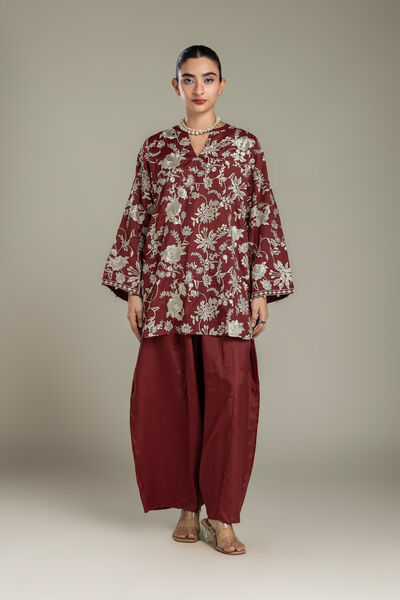 Embroidered | Raw Silk | Maroon Silk Pants | USD 40.00