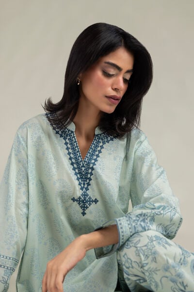 Embroidered | Cambric | Blue V-Neck Kurta | USD 35.00