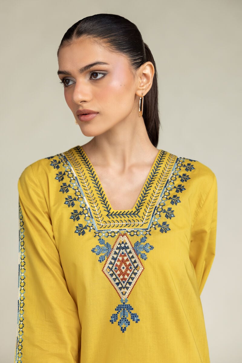 Embroidered | Cambric | Yellow Longline Kurta | USD 40.00