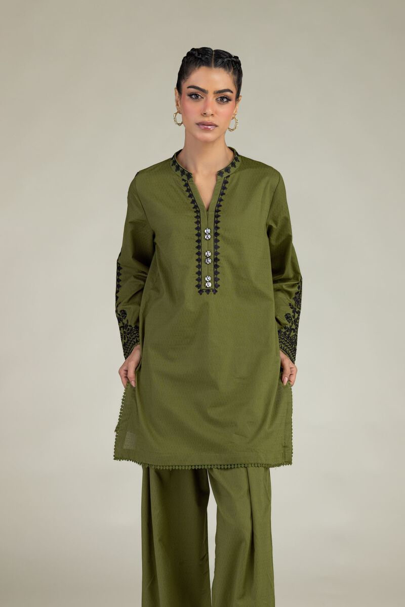 Embroidered | Cotton Dobby | Cotton Olive Kurta | USD 45.00