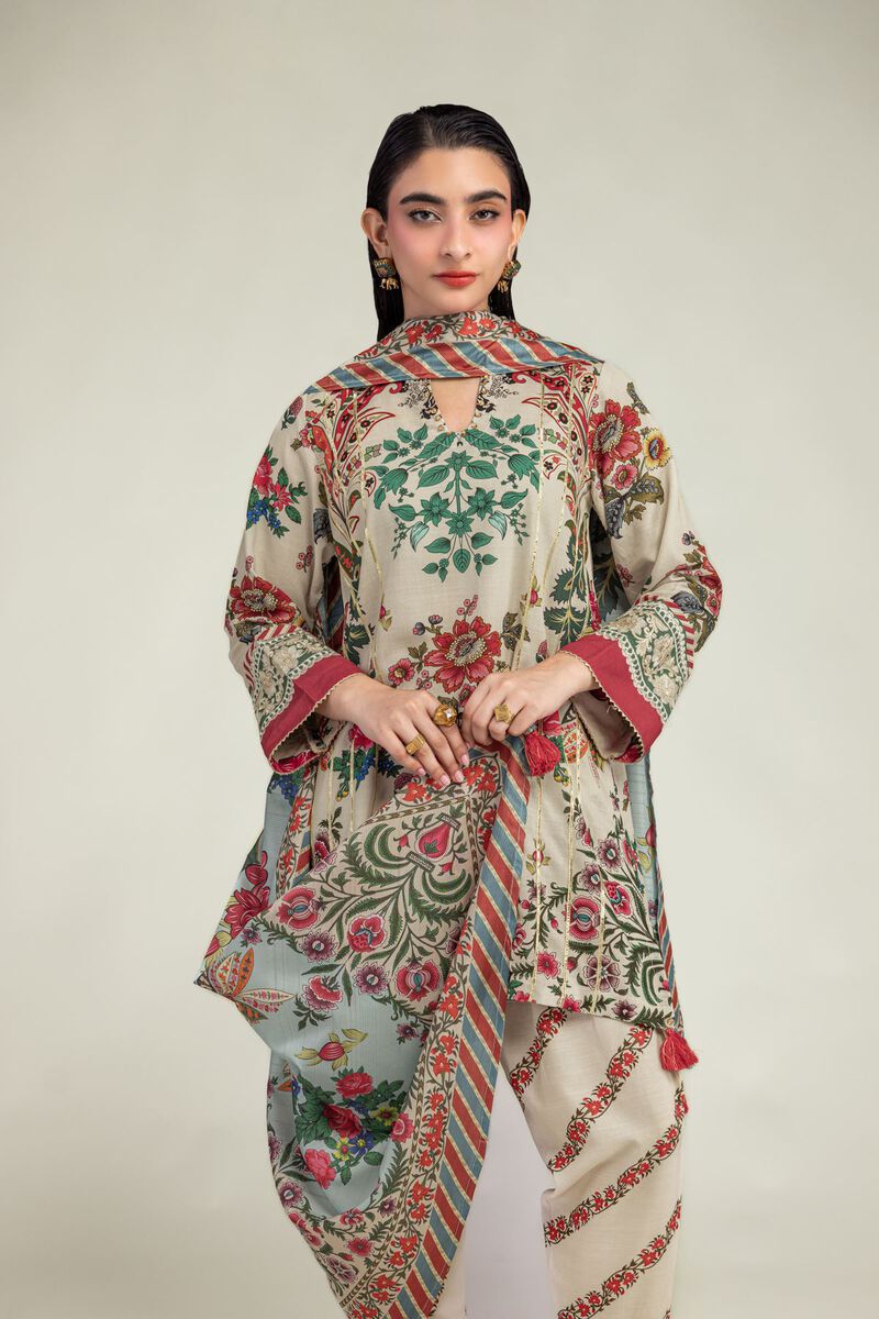 Embroidered | Raw Silk | Floral Beige Kurta  | USD 40.00