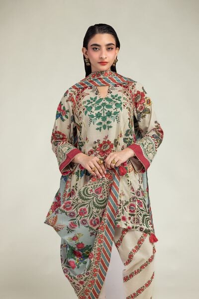 Embroidered | Raw Silk | Floral Beige Kurta  | USD 40.00