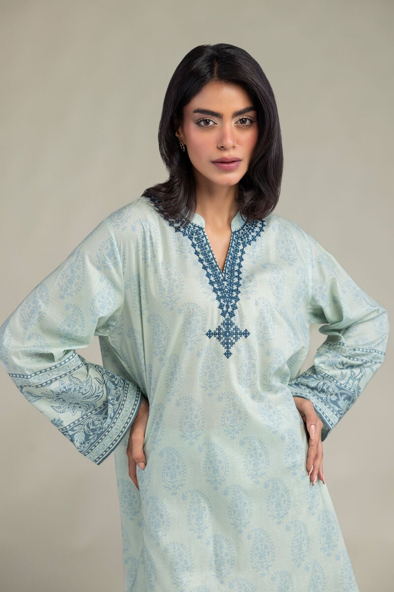 Embroidered | Cambric | Blue V-Neck Kurta | USD 35.00
