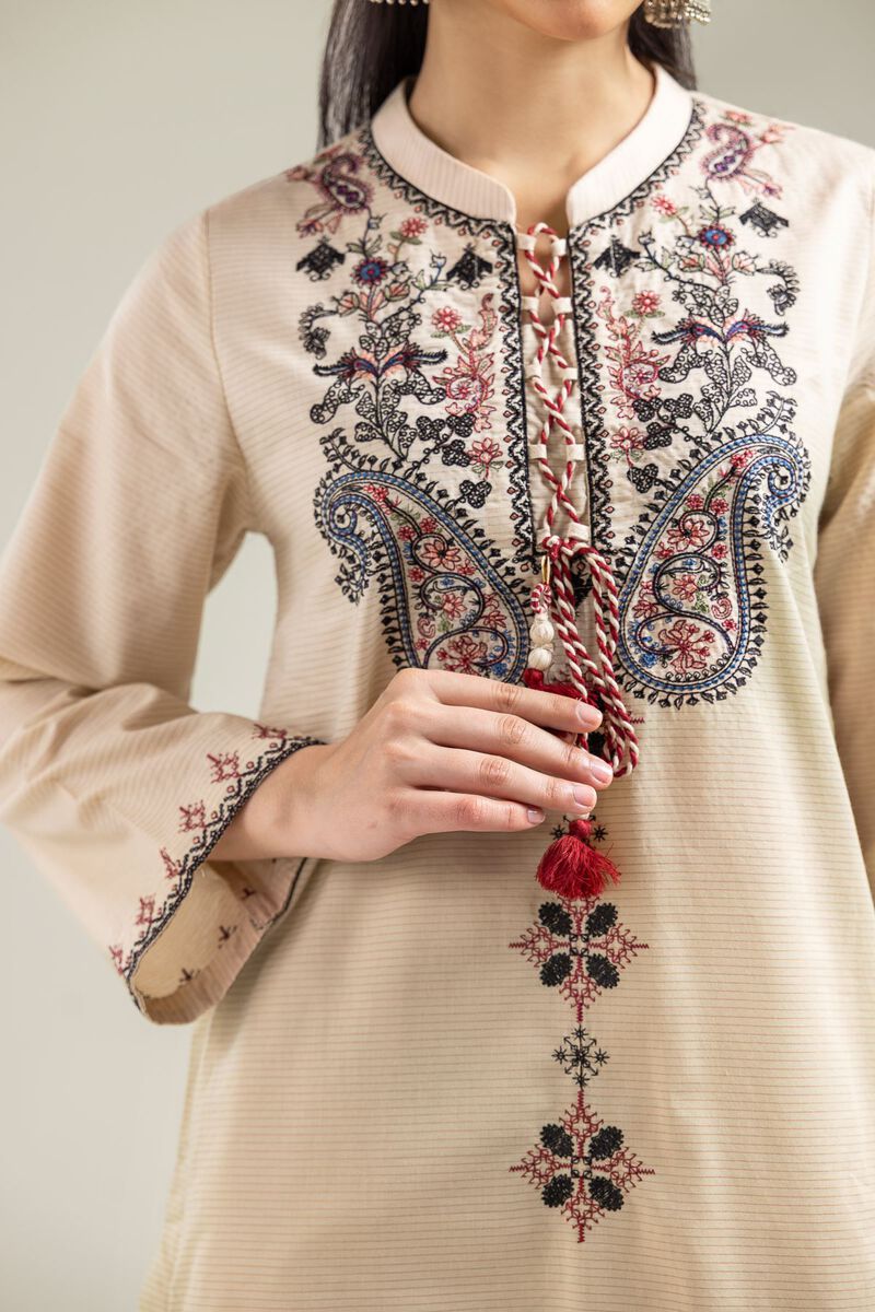 Embroidered | Mesuri | Floral Beige Kurta | USD 35.00
