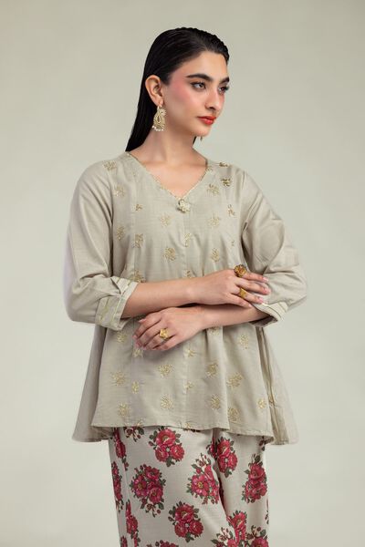 Embroidered | Raw Silk | Beige V-Neck Kurta | USD 40.00