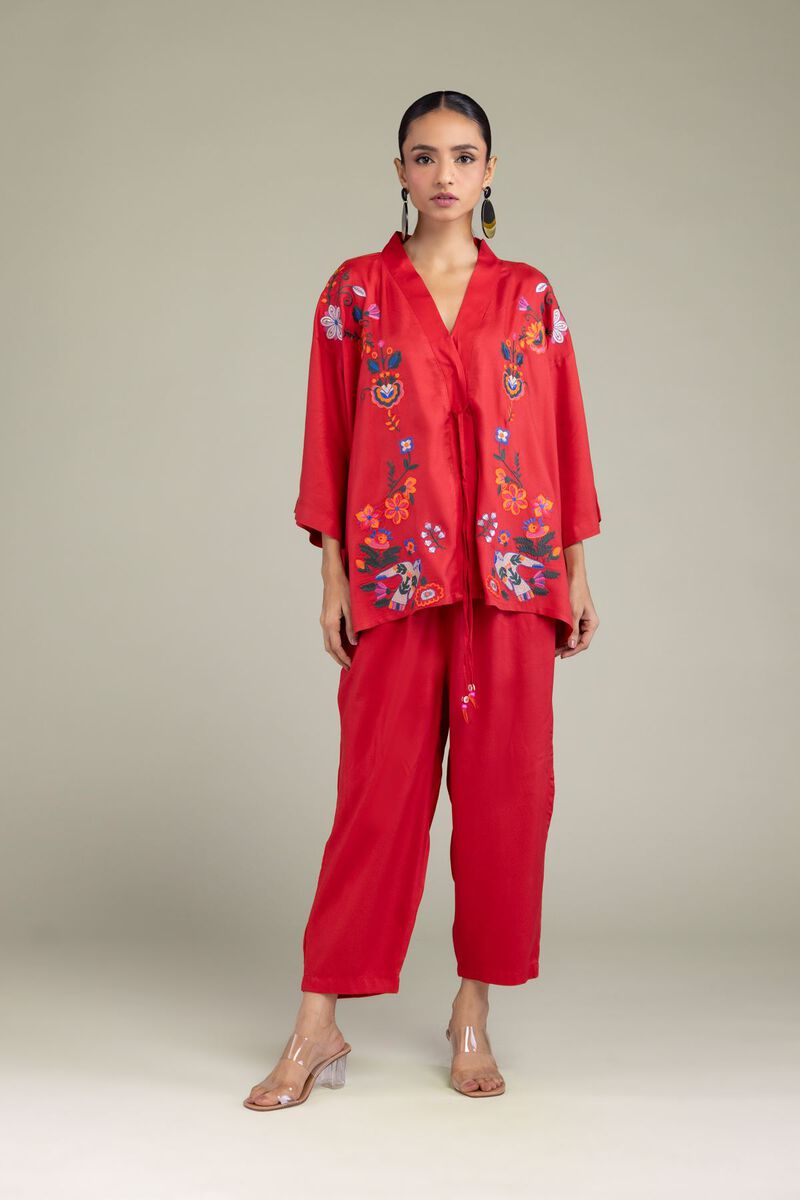 Embroidered | Viscose Crepe | Red Viscose Trousers | null