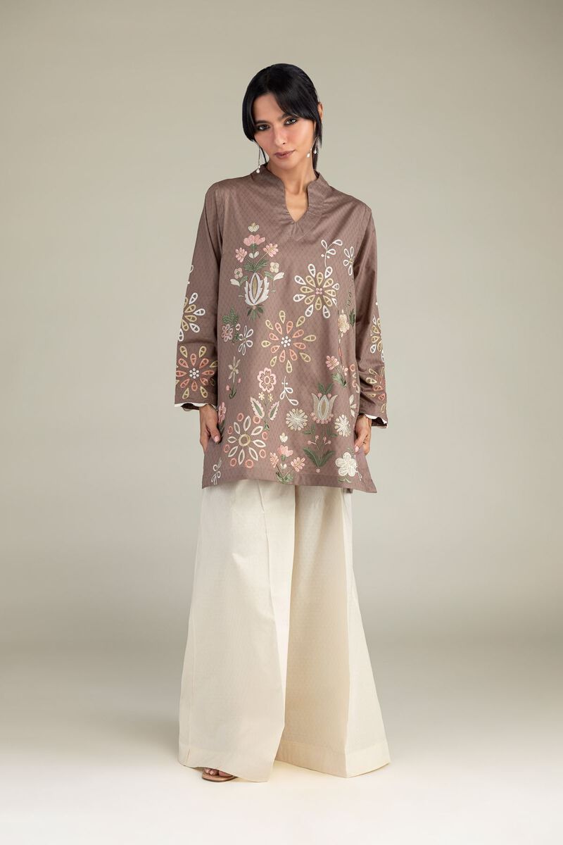 Embroidered | Cotton Dobby | Brown V-Neck Kurta | USD 45.00
