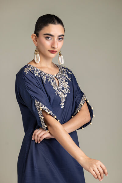 Embroidered | Raw Silk | Navy Embroidered Kurta | USD 70.00