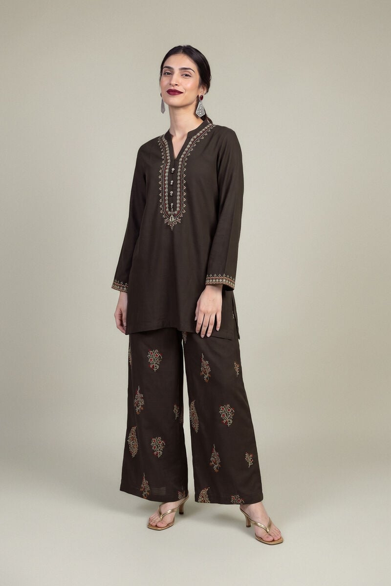 Embroidered | Raw Silk | Brown Silk Pants | USD 40.00