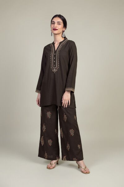 Embroidered | Raw Silk | Brown Silk Pants | USD 40.00