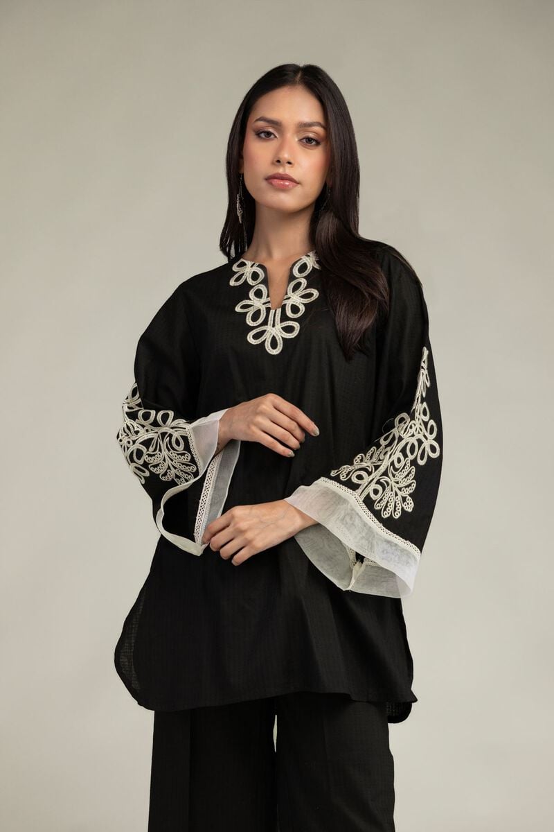 Embroidered | Cotton Dobby | Black V-Neck Kurta | USD 35.00