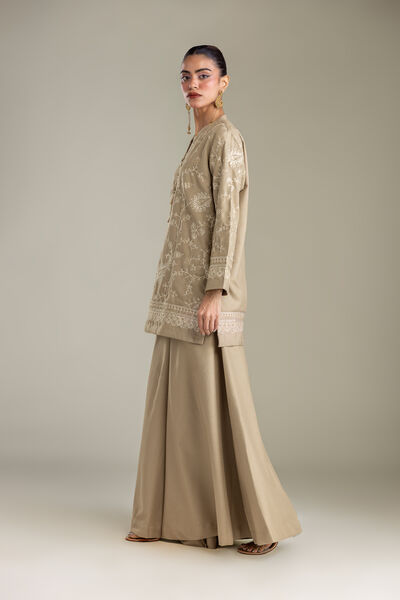 Embroidered | Heavy Blended Viscose | Beige Solid Pants | USD 45.00