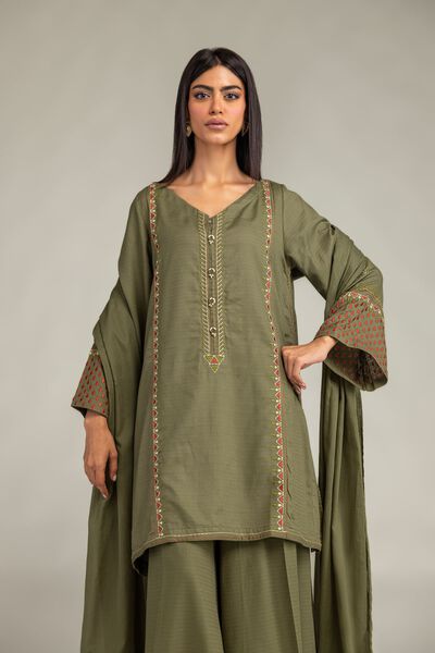 Embroidered | Cotton Dobby | Olive V-Neck Kurta | USD 40.00