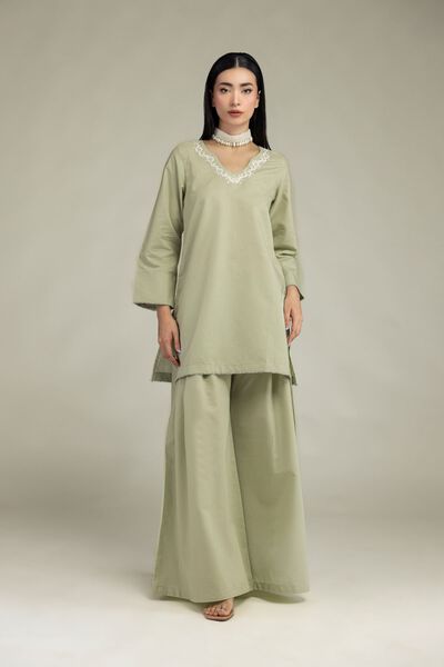 Embroidered | Mesuri | Solid Mint Pants | USD 35.00