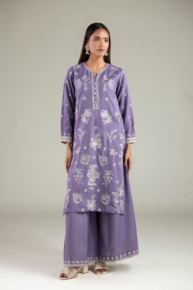 Embroidered | Raw Silk | Floral V-Neck Kurta | USD 55.00