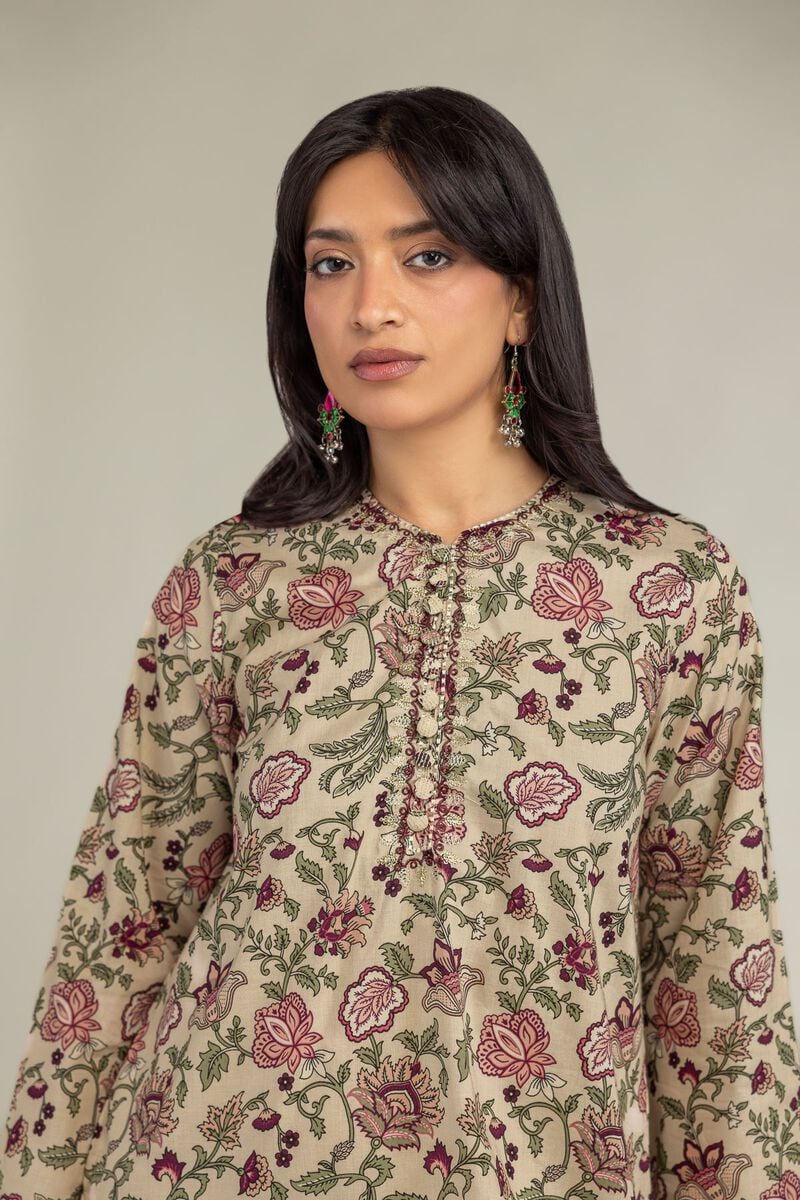Embroidered | Cambric | Floral Beige Kurta | USD 40.00