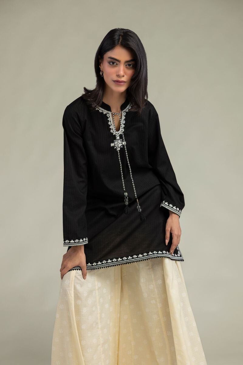 Embroidered | Cotton Dobby | Short Black Kurta | USD 40.00