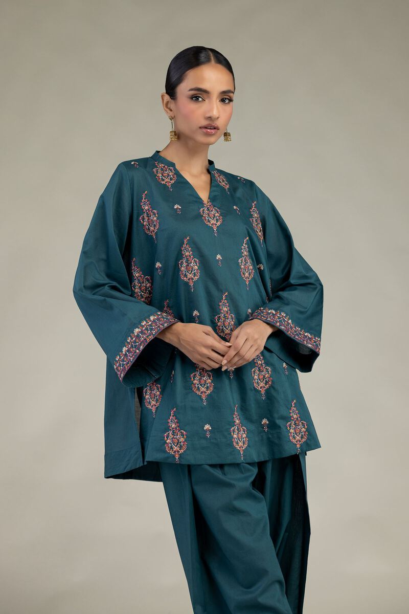 Embroidered | Cambric | Short Teal Kurta | USD 35.00