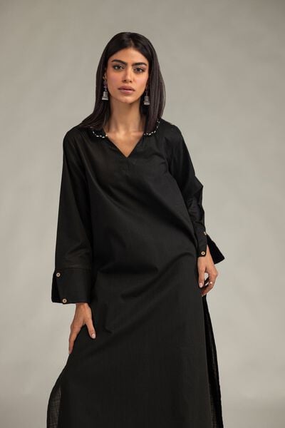 Embroidered | Textured Cotton | Long Black Kurta | USD 35.00