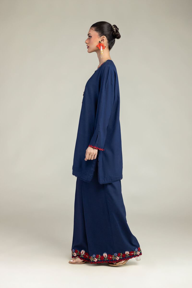 Embroidered | Raw Silk | Navy V-Neck Kurta | USD 40.00