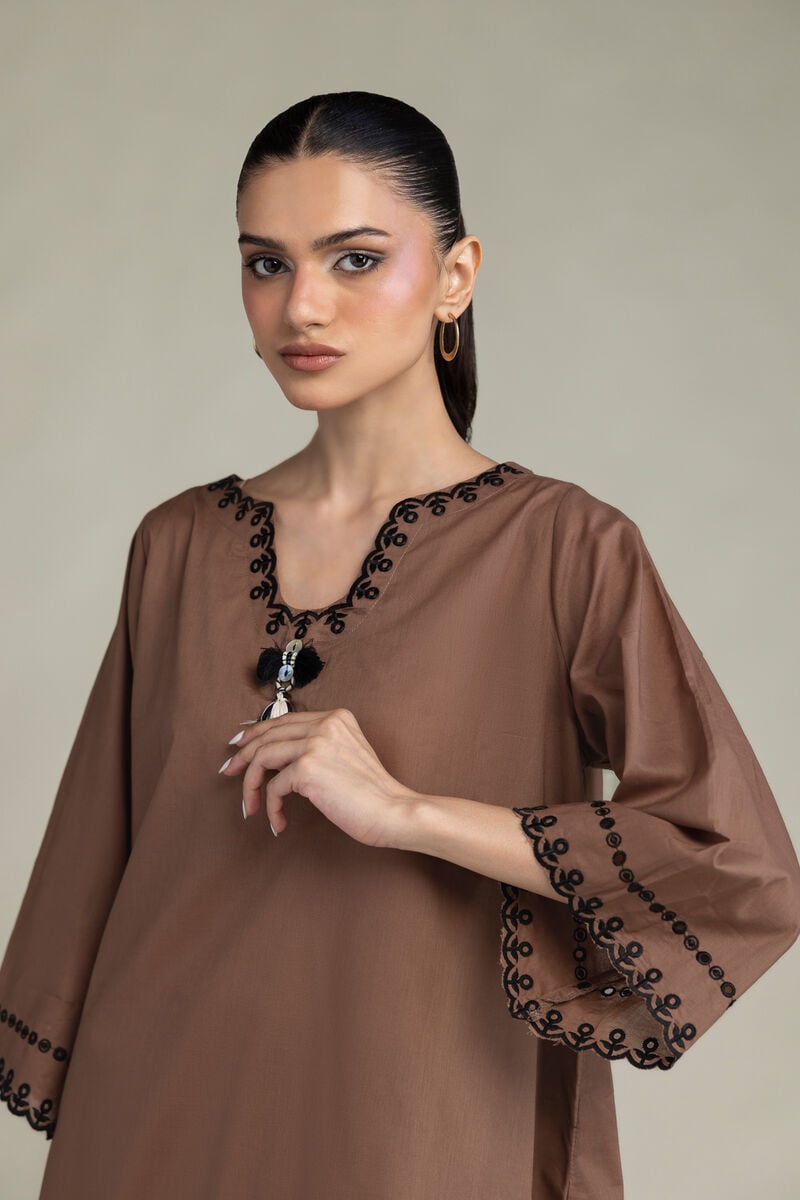 Embroidered | Cambric | Short Brown Kurta | USD 45.00