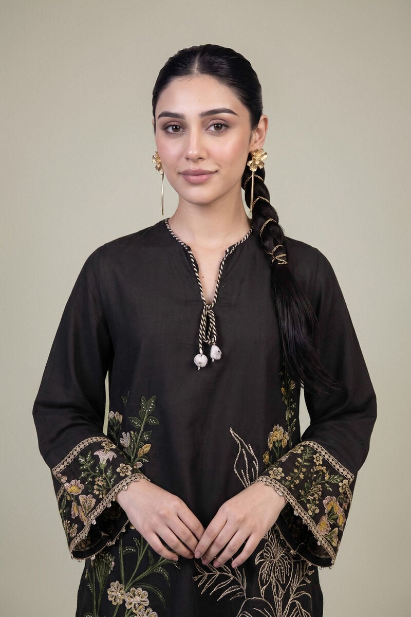 Embroidered | Raw Silk | Black V-Neck Kurta | USD 60.00
