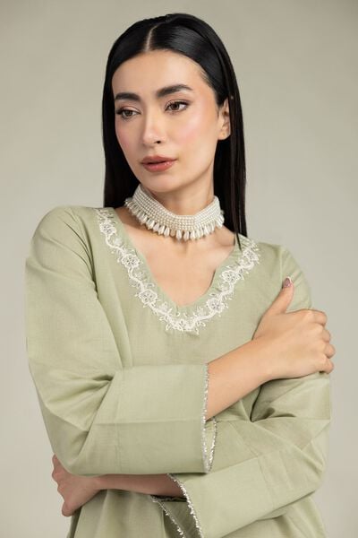 Embroidered | Mesuri | V-Neck Mint Kurta | USD 35.00