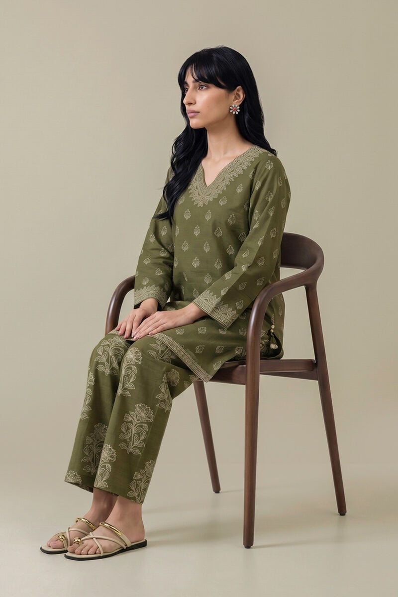 Printed | Light Khaddar | Printed Olive Kurta | USD 45.00