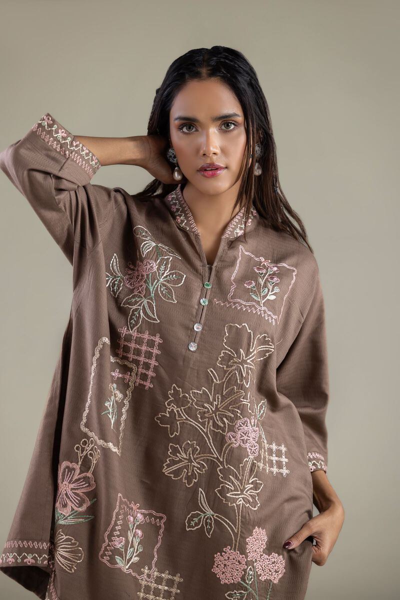 Embroidered | Cotton Dobby | Floral V-Neck Kurta | USD 40.00